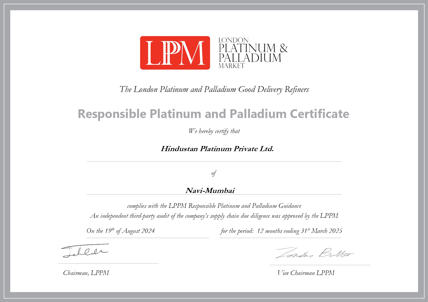 LPPM - Rhodium Sponge Accreditation Certificate